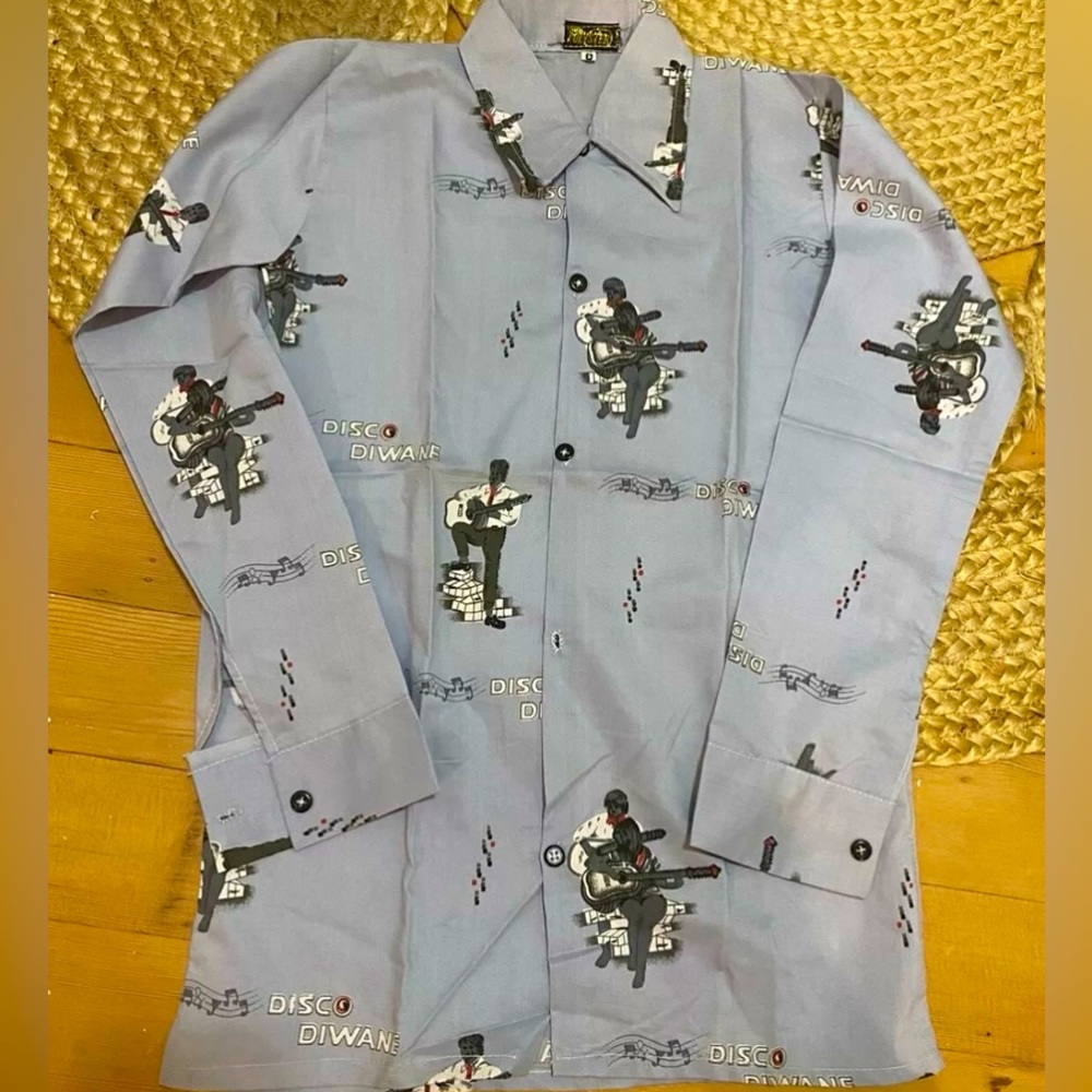 Vintage 1970s Deadstock Shirt, ‘Disco Diwane’, Blue-Grey, Kids Size 8